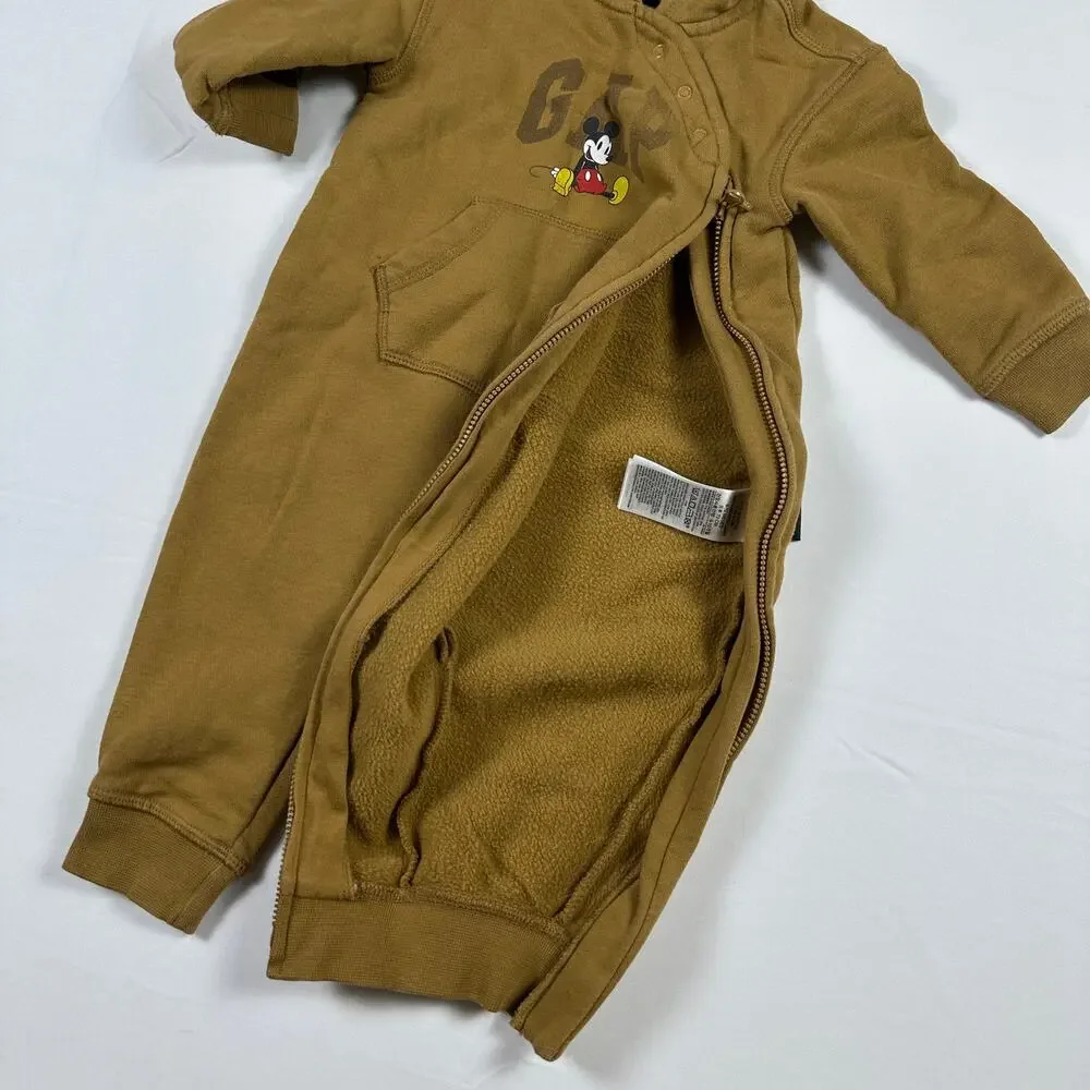 Gap x Disney Mickey Mouse Brown Cozy Fleece One Piece Hooded Romper w/ Ears